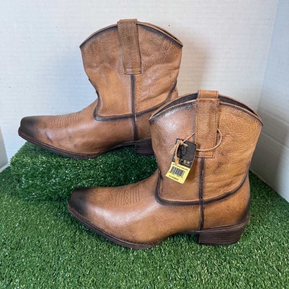 Roper Womens Tan Barnished Distressed Leather Ankle Western Boots Size 8.5